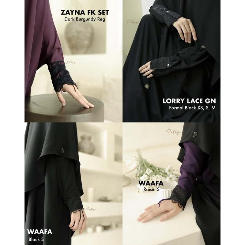 DITSY MOSLEM - LORRY LACE FORMAL BLACK XS | FK SET ZAYNA DARK BURGUNDY REG | LETTICE MAIRA JETBLACK 