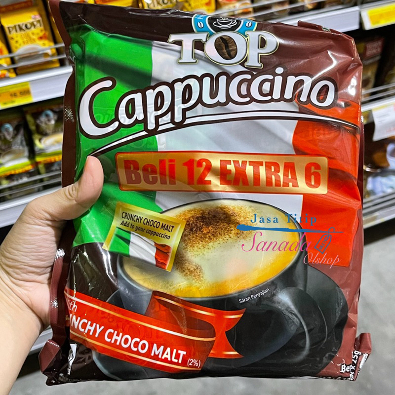 

Top Kopi capuccino bag isi 18 ( 12 + 6 ) x 25 gram with crunchy choco malt