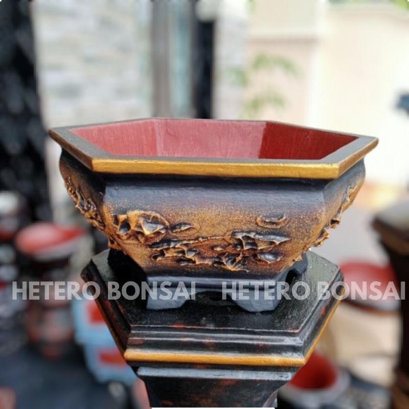 Pot Semen Bonsai Tanaman Hias Segi Enam Pot Relief Elegan