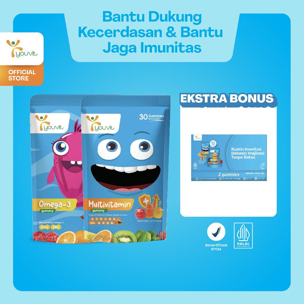 [FREE SAMPLE VITAMIN] Youvit Multivitamin Anak dan Omega 3 Anak 30 Hari dengan Minyak Ikan dan DHA u