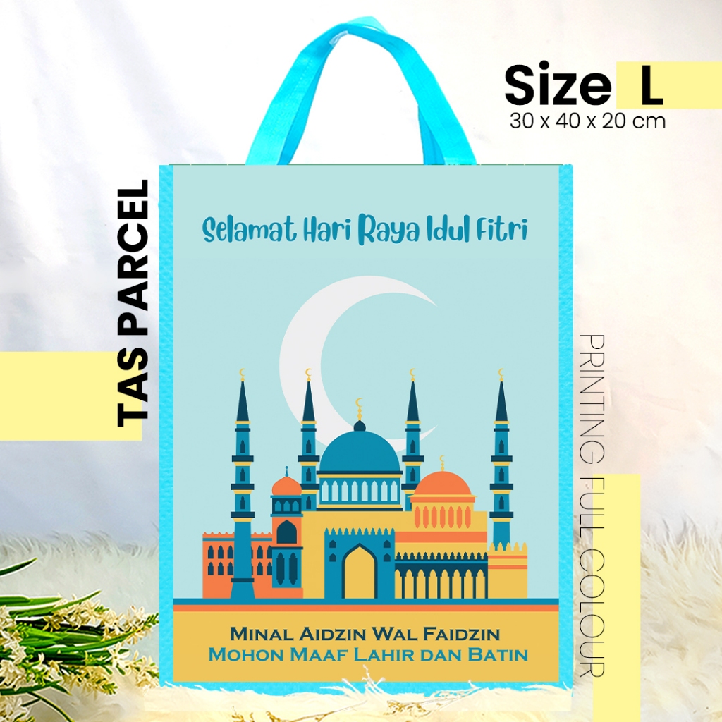 

TAS LEBARAN BIRU MASJID UKURAN SEDANG 30x40 - GOODIEBAG IDUL FITRI / TAS PARCEL PRINTING
