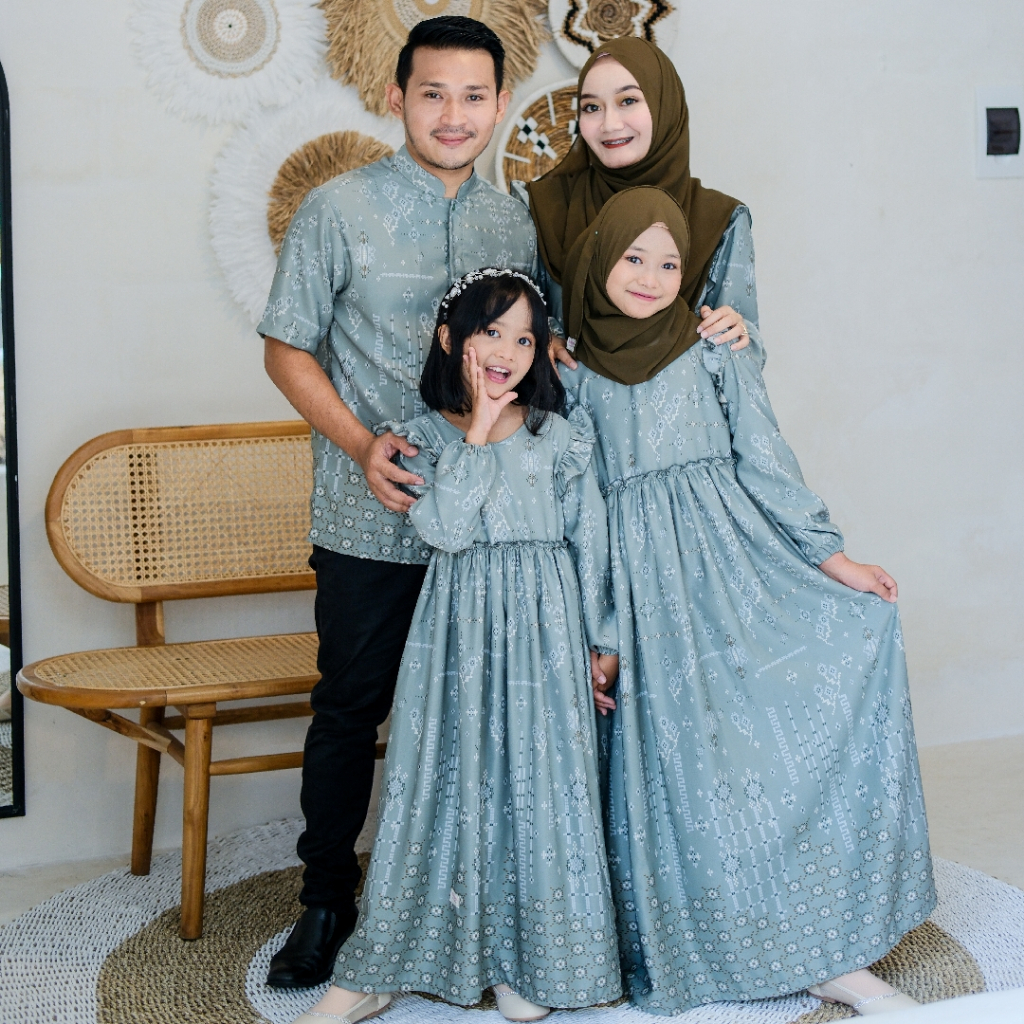Baju By Lora - Gamis Couple Keluarga SERAVINA SAGE GREEN | Set Gamis Koko Lebaran Terbaru 2025