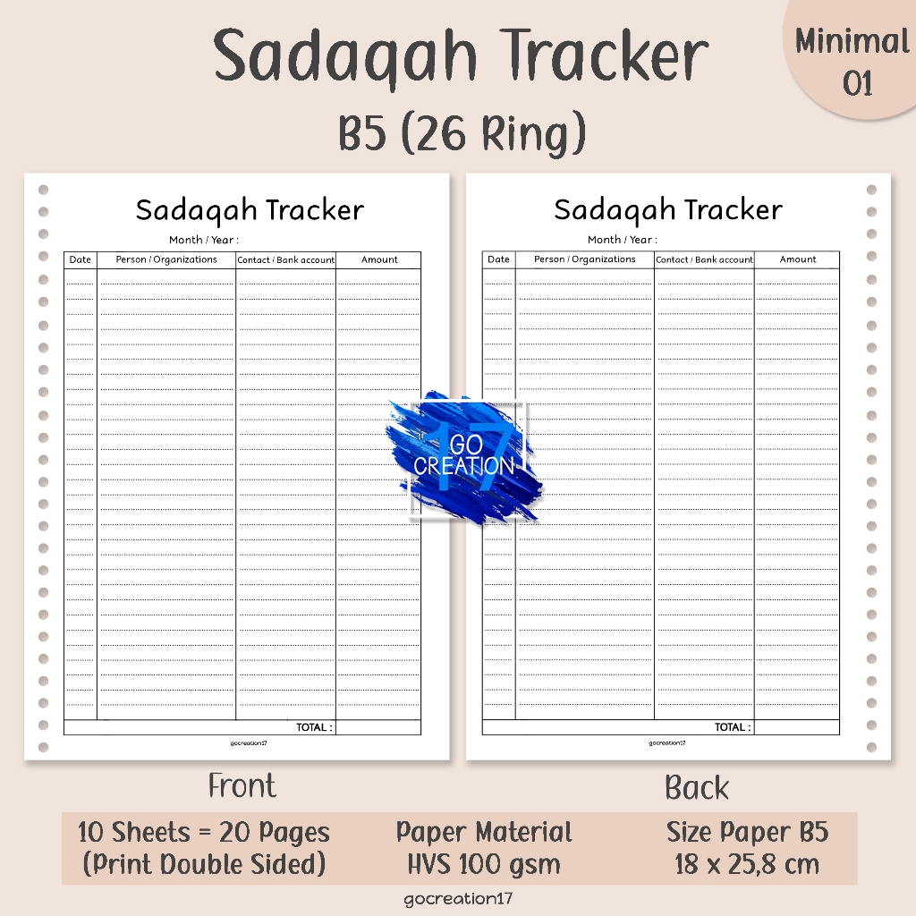 

Buku Planner Kertas Isi Binder Sadaqah Tracker Simple Minimalis B5