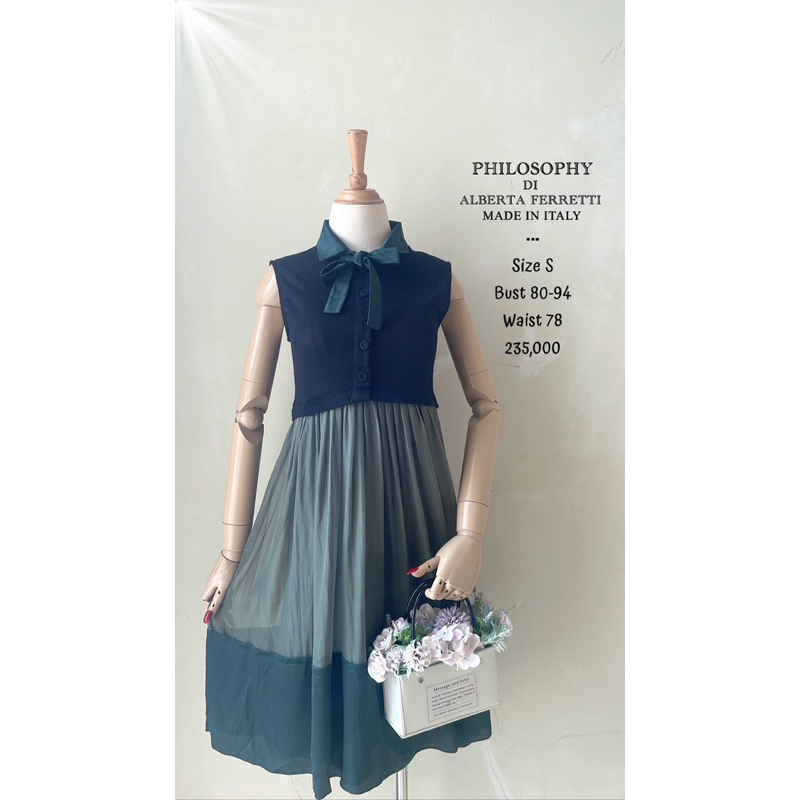 Mini dress knit hitam leher pita kerah kancing mix sutra silk sifon chiffon hijau sage tua emerald k