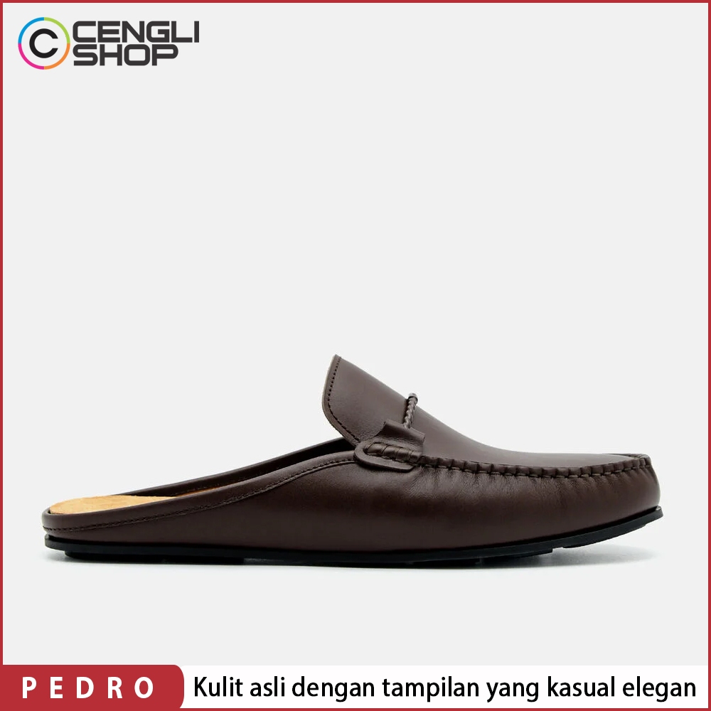 PEDRO SEPATU SANDAL PRIA ORIGINAL KULIT ASLI ORI SENDAL SLIP ON SLOP SELOP COKLAT TUA DARK BROWN PM0