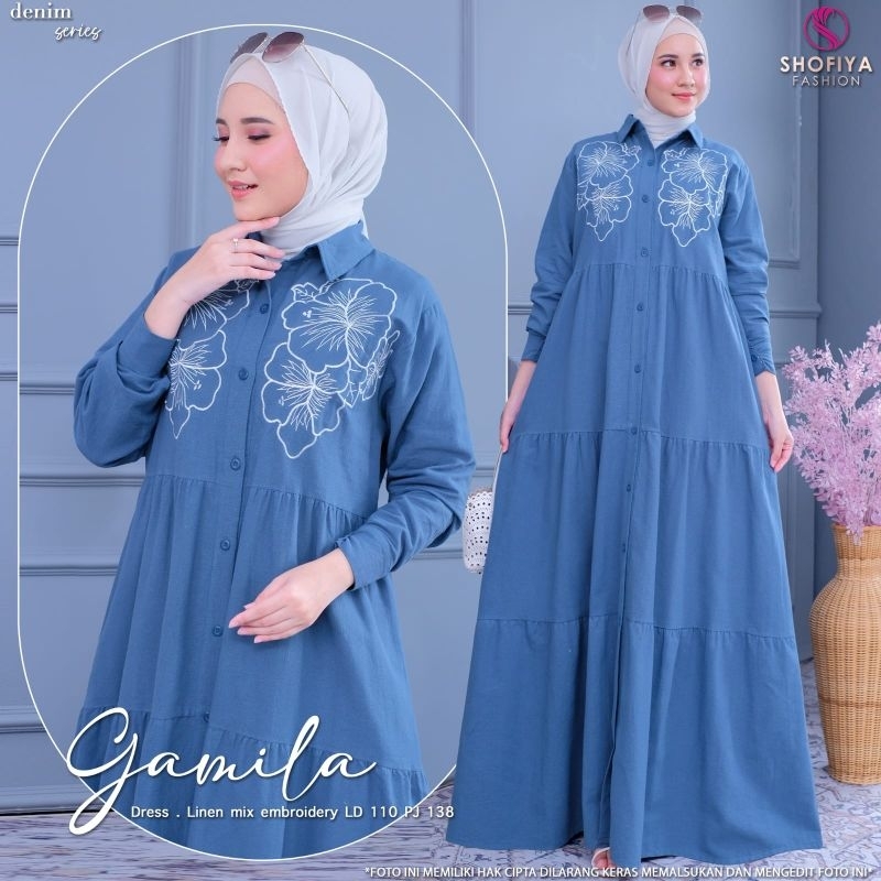GAMILA Shofiya dress wanita linen embroidery ld 104 pb 138
