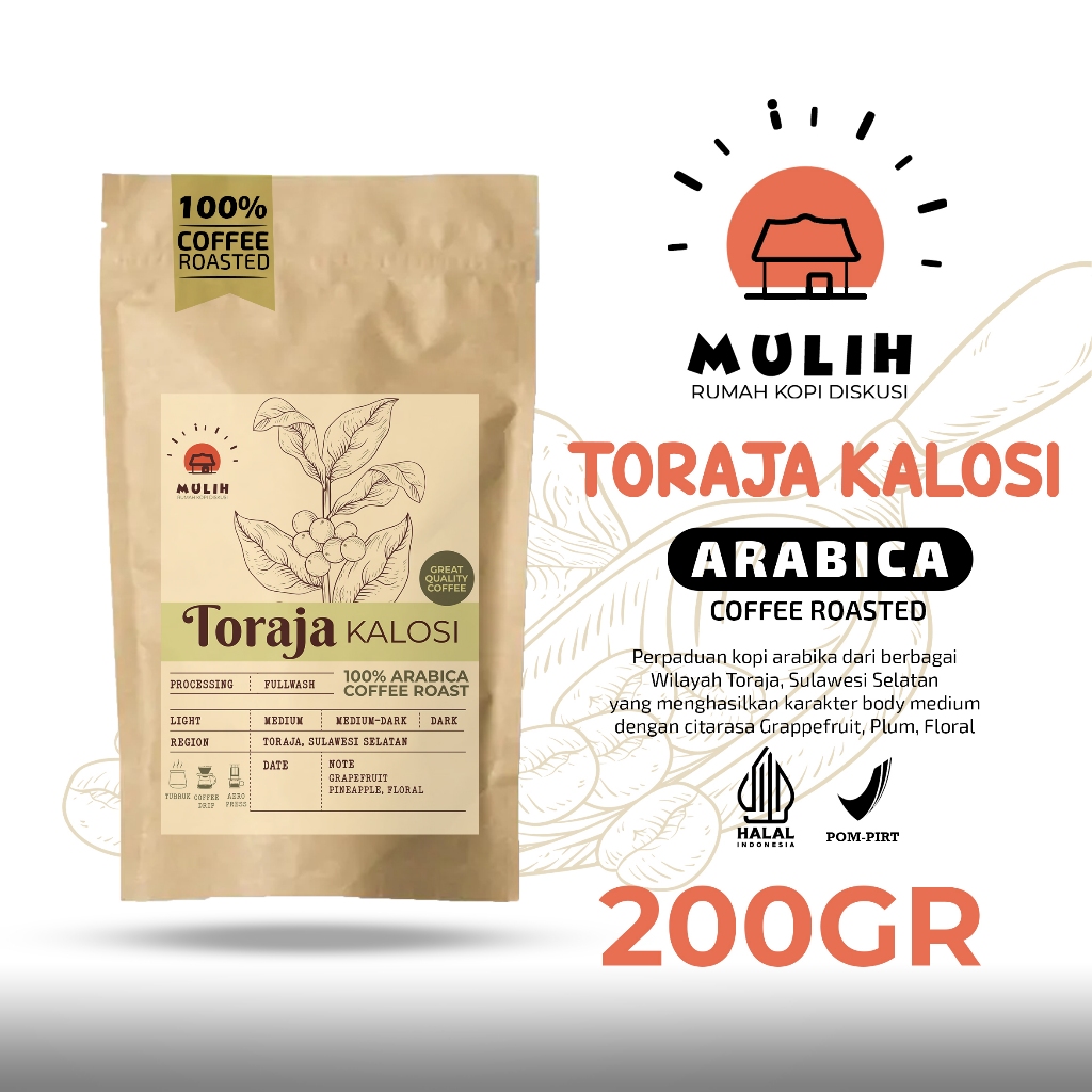 

Kopi Arabika Toraja Kalosi Arabica Coffee Bean Biji Kopi Bubuk Asli 200 gr