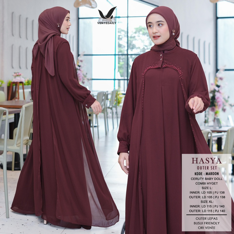 HASYA ABAYA DRESS SET OUTER INNER POLOS PREMIUM 2IN1 LEPAS PASANG BY VENTE