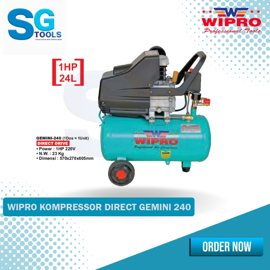 Wipro Kompresor 1HP 24 Liter  Gemini 240   - Kompresor Angin 1HP 24 Liter - Compressore Direct 1HP 2