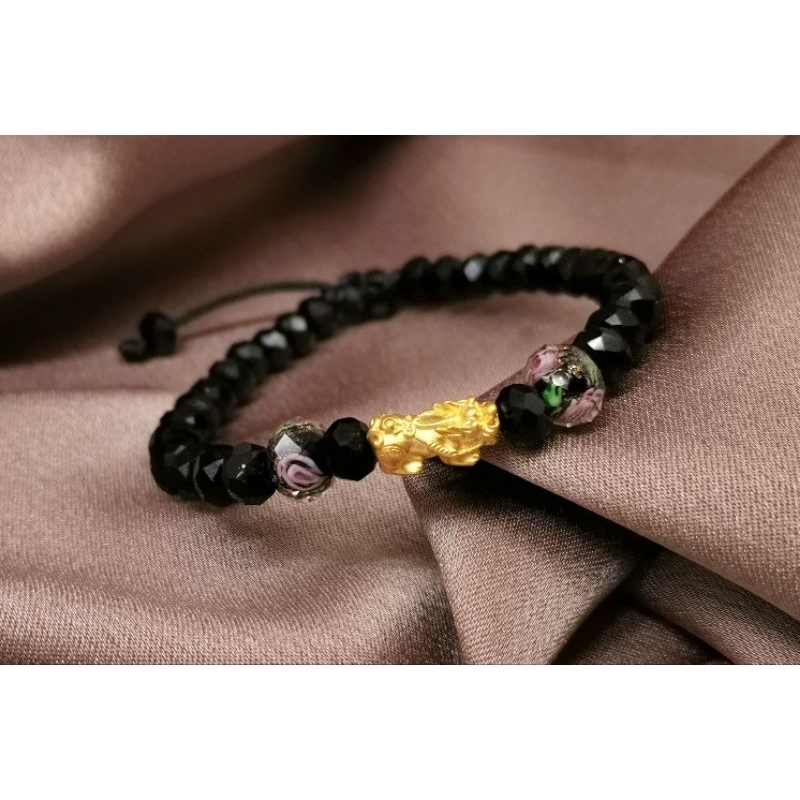 Gelang Emas Asli Naga 24K Hongkong 999% Tali Batu Crystal