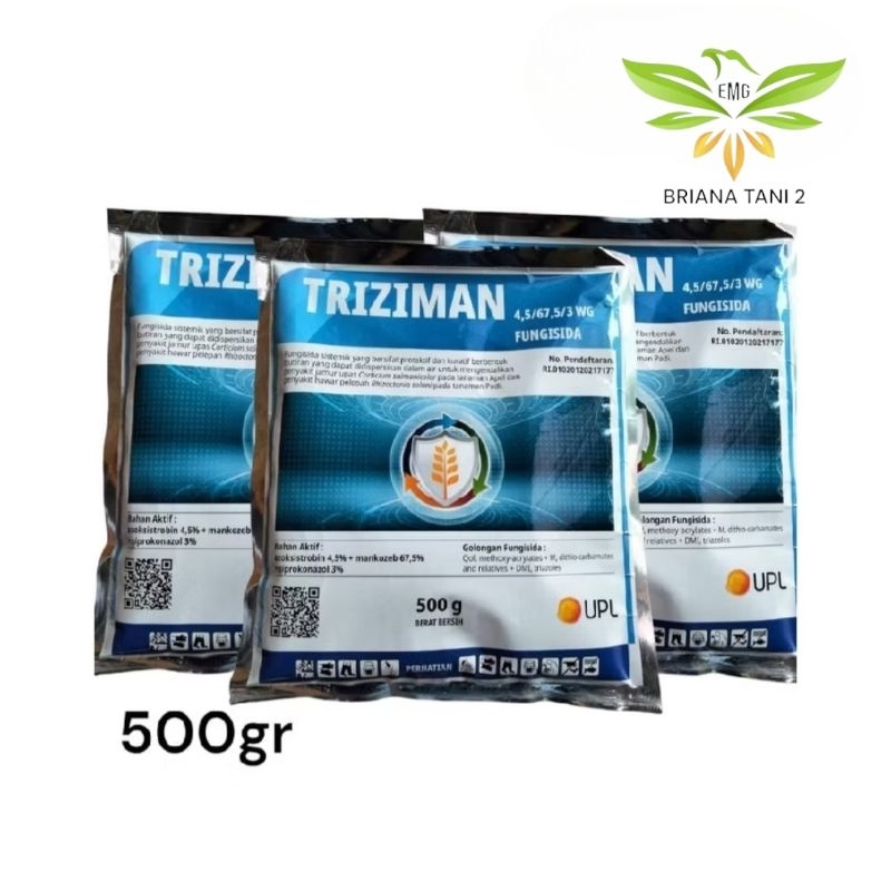 Fungisida TRIZIMAN 4,5/67,5/3 WG 500 Gram Bahan Aktif azoksistrobin 4,5% mankozeb 67,5% siprokonazol