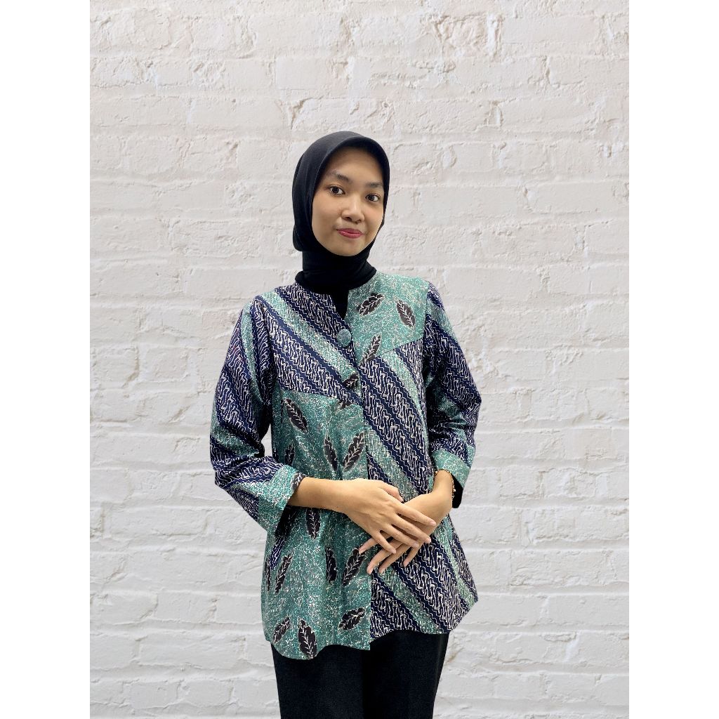 Blouse Batik AZV Atasan Perempuan Lengan Panjang Kemeja Batik Hijau
