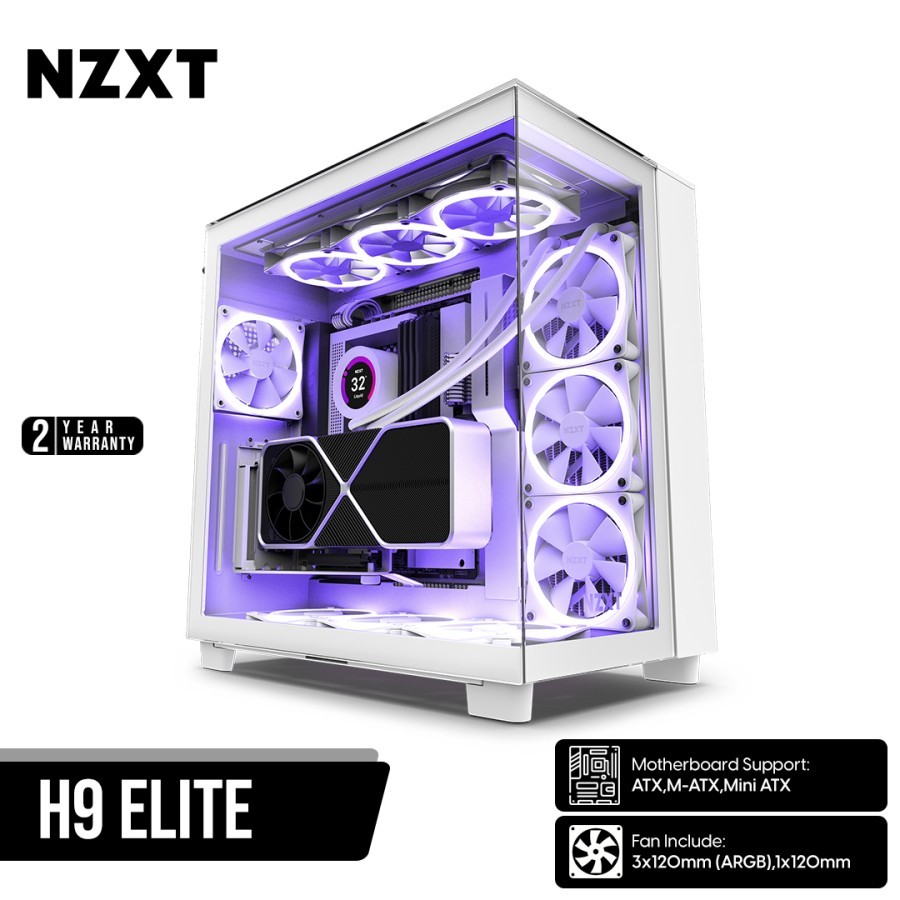 Casing PC Komputer NZXT H9 H-9 Elite Premium | Mid Tower | ATX Case | 3 Fan RGB 1 Fan Quiet | White 