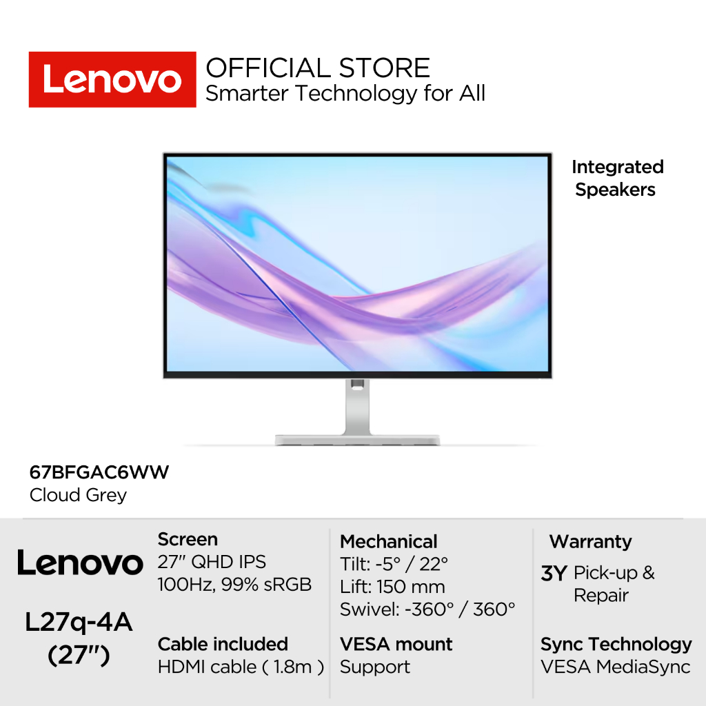 Lenovo Monitor L27q-4A 67BFGAC6WW Cloud Grey 27" QHD IPS 350nits max 100Hz 99% sRGB Antiglare 4-side