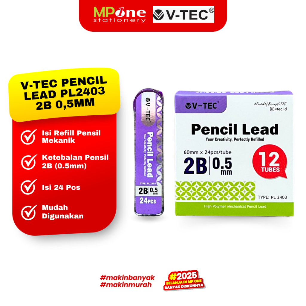 

(1 PCS) V-Tec Isi Pensil Mekanik 2B 0.5mm PL2403 / Refill Mechanical Pencil Lead V-Tec 1 Tube Isi 24Pcs