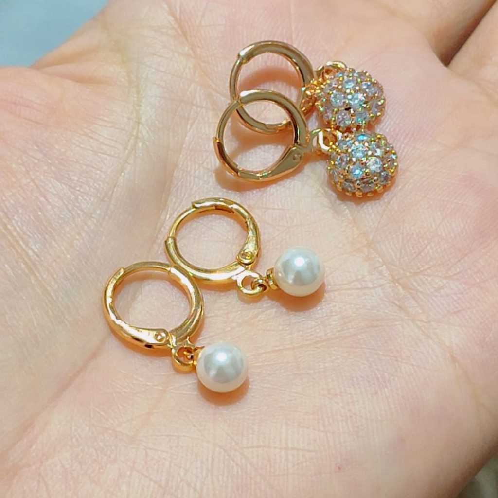 Anting jepit jurai pendek mutiara permata anting bulat panjang-BEST JEWELRY