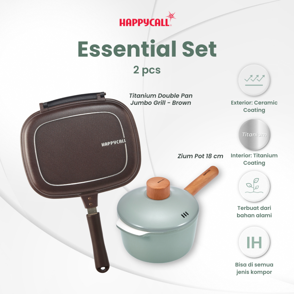 Happycall Titanium Double Pan Jumbo Grill Brown FREE Zium Pot IH 18cm - Alat Panggang Anti Lengket
