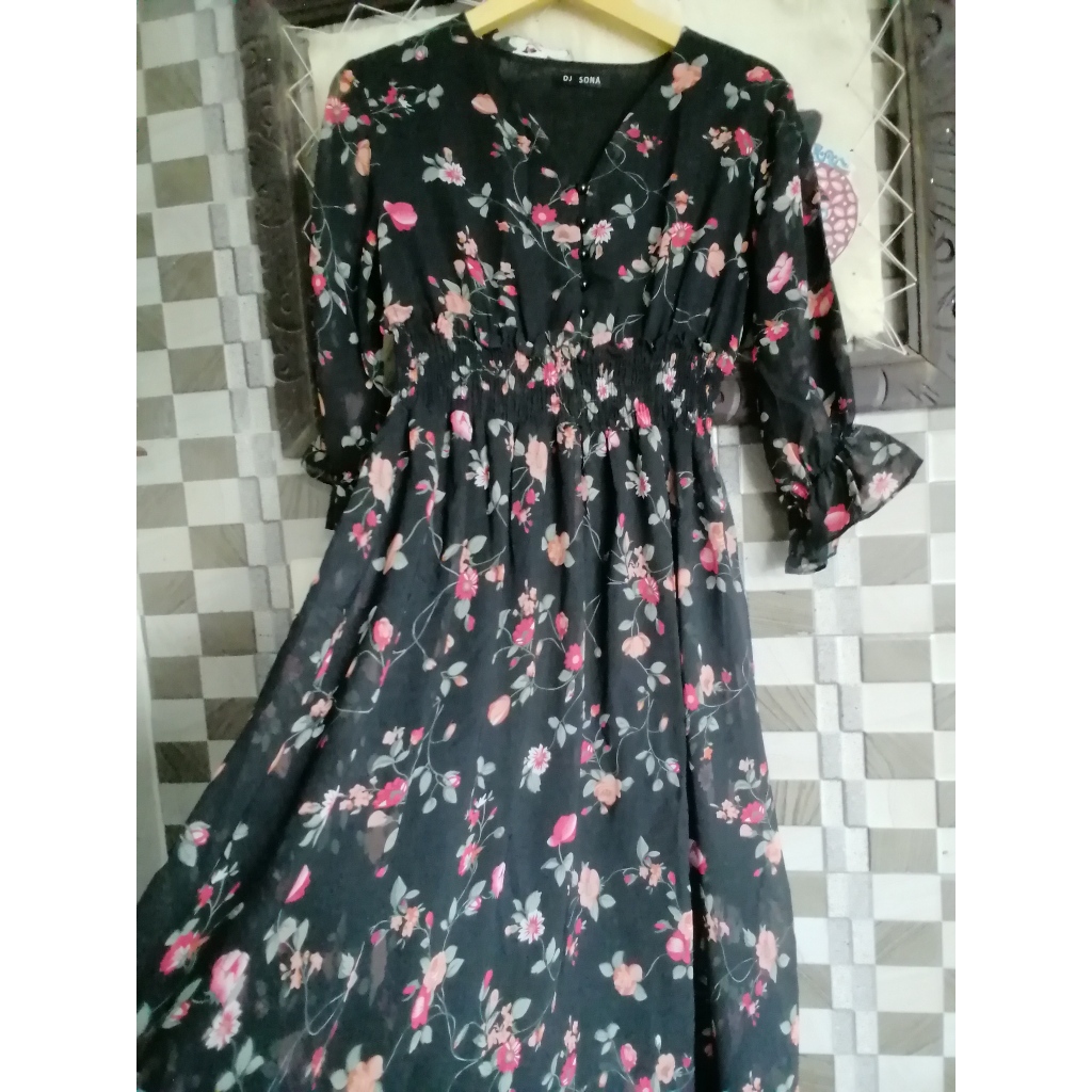 Dress sifon bunga pinggang semoke