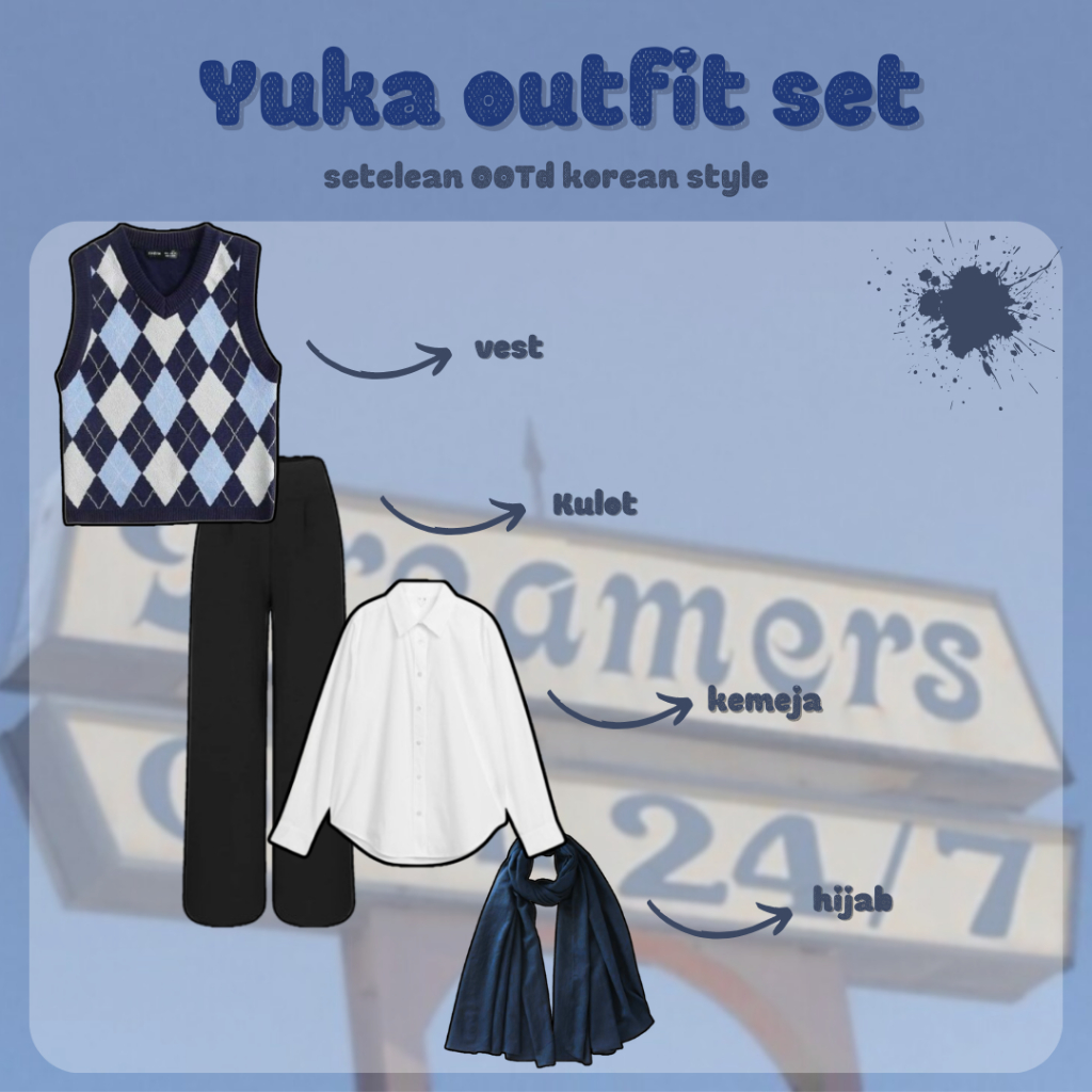 One Set Korean Style (Vest+Kemeja+Kulot+Hijab) OOTD Wanita Hijab Outfit Cewk Bumi SLN16
