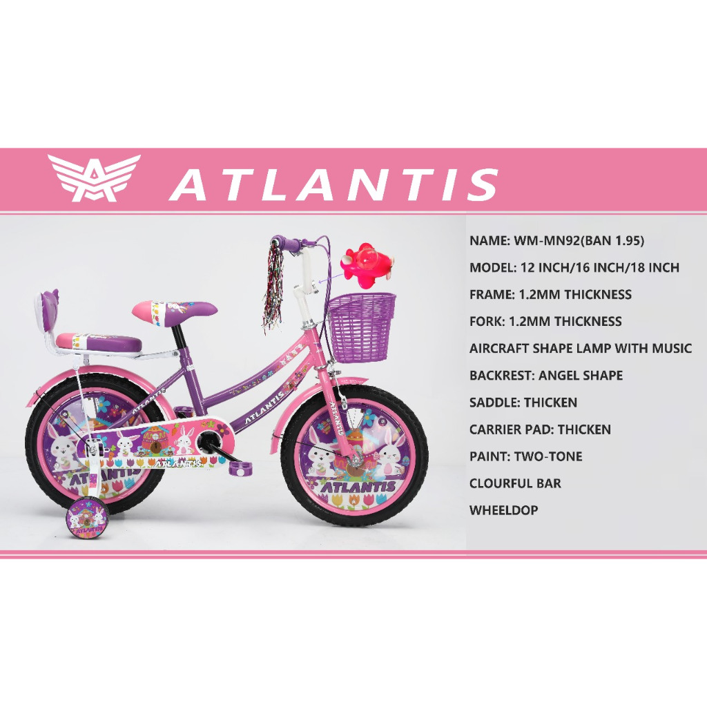 Sepeda anak perempuan mini atlantis  16 inch AT 92 bunny lampu dan musik