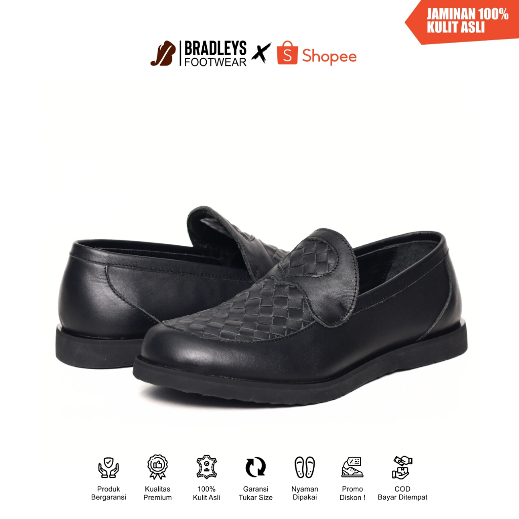 Bradleys Botega Black - Sepatu Kulit Formal Slip On Pria Motif Anyam