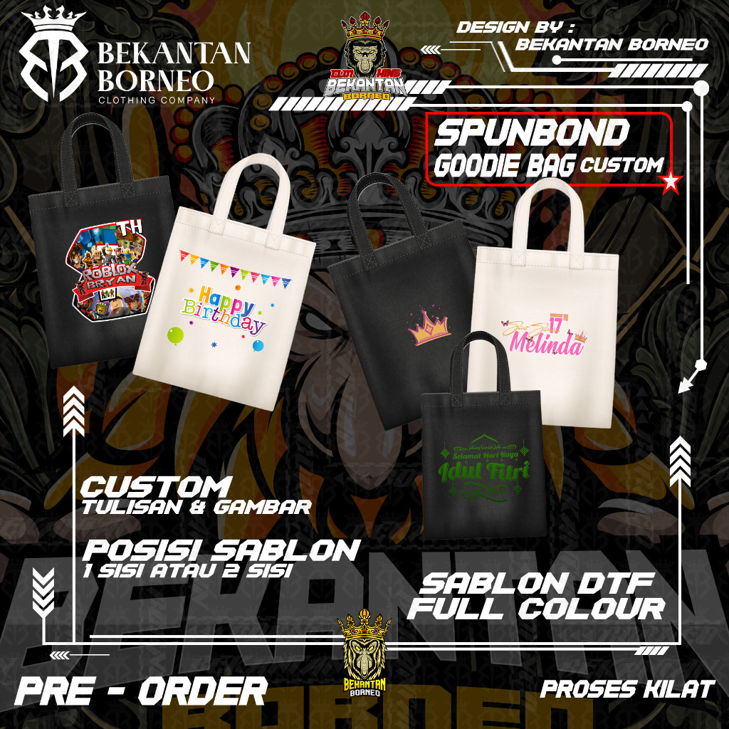 

Goodie Bag Sablon Custom - Sablon DTF | Tas Belanja - Tas Spunbond atau Tas souvenir