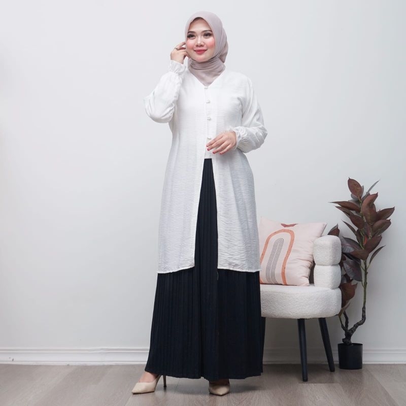 Dress Outer Tunik Wanita Atasan Lengan Panjang Polo Linen Polos Anti Lecek Korean Style Terbaru ld 1