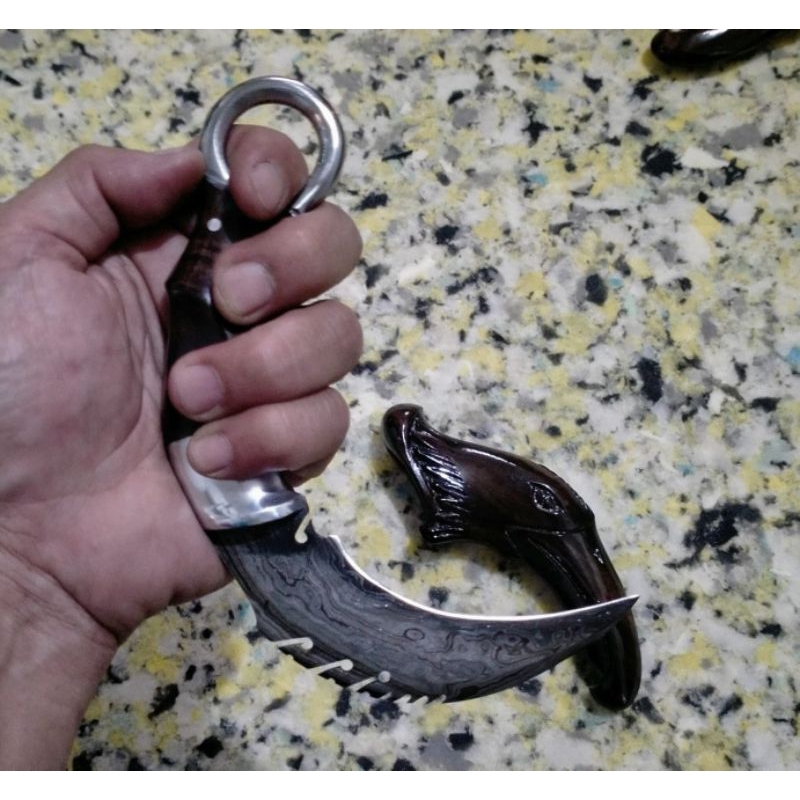 KERAMBIT PAMOR UKIR/ KERAMBIT DAMASCUS KULIT SAPI ASLI/ KERAMBIT PAMOR DAMASCUS.