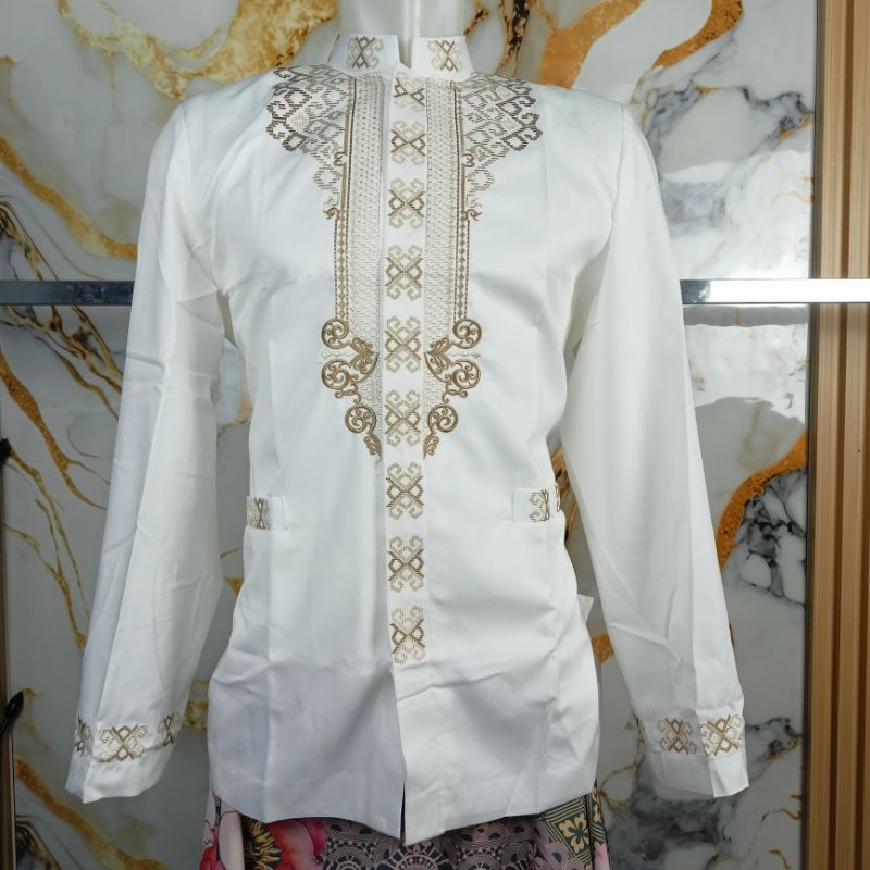jasko putih lengan panjang bordir timbul emas koko Mewah Motif