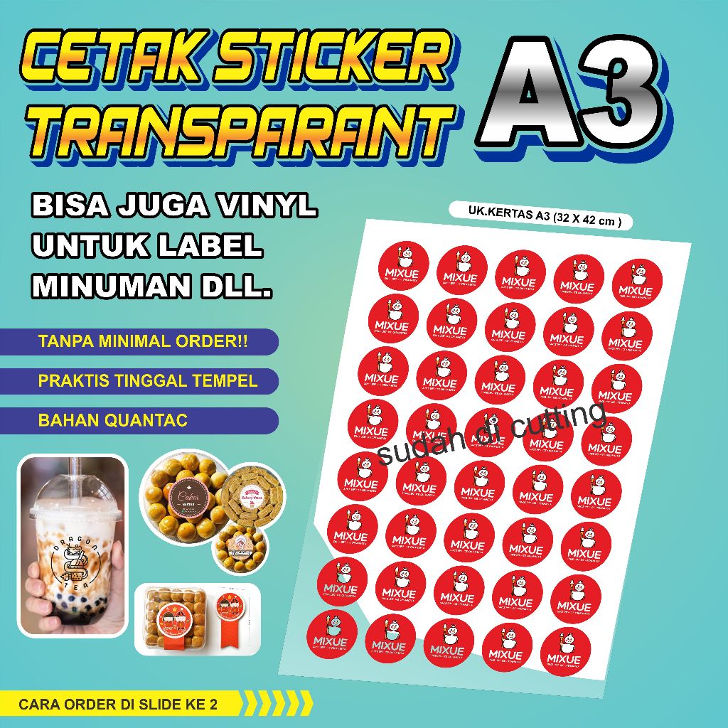 

CETAK STICKER/LEMBAR A3+ STICKER TOPLES/ STICKER CUSTOM/ STICKER LABEL/ STICKER LABEL MAKANAN