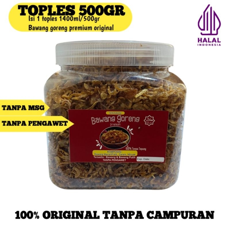 

Bawang Merah Goreng Premium Kemasan Toples 1400ml 500gr. Brambang Goreng Original Tanpa Campuran