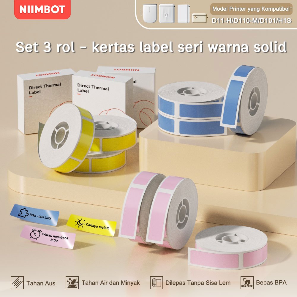 

【Paket 3 Gulungan】NIIMBOT D11/D110/D101 Kertas Label Berwarna Solid, Stiker Cetak Harga dan Barcode