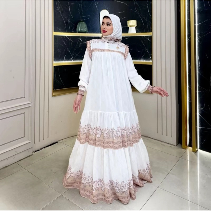 Dress putih printing + hijab Shellasaukia original