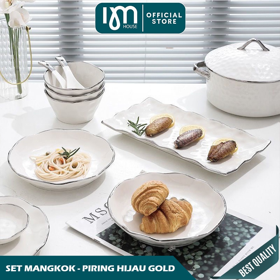 INMINDHOUSE - Makan Keramik Putih Gold / Piring Putih Keramik List Gold / Mangkuk Keramik Putih Gold