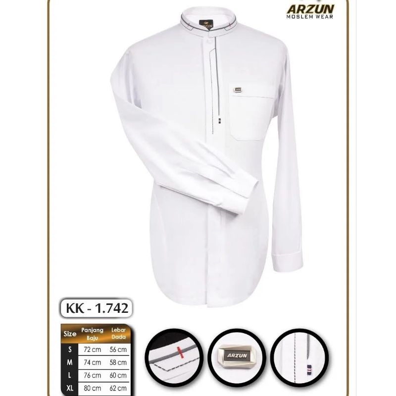KEMEJA KOKO ARZUN SUPER PREMIUM WARNA PUTIH LENGAN PANJANG DAN LENGAN PENDEK, KOKO / KEMKO PRIA PUTI