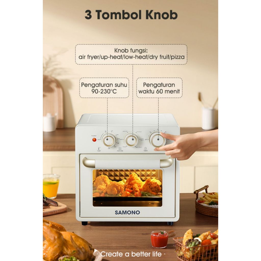 Samono 2in1 Air Fryer dan Oven Low Watt 350Watt 18L Big Capacity SW-AFV18 Beige