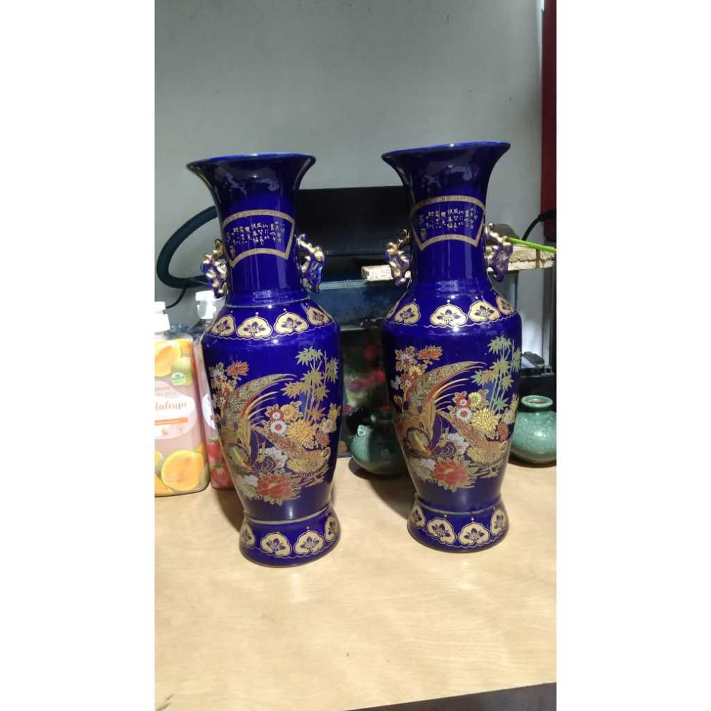 Guci Jepang Burung Merak Keramik Biru Kuno Jadul Antik