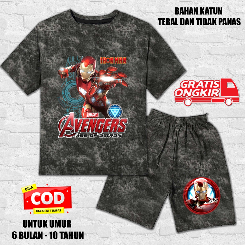 Setelan denim jeans lengan pendek anak laki laki perempuan set kaos anak katun dtf iron man 2