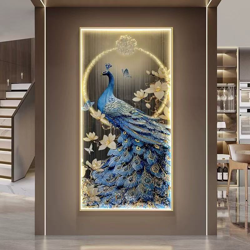 Lukisan Porcelain 5D Diamond Motif Merak LED Lampu Nyala Porselen 5 Dimensi Kristal Timbul Burung Me