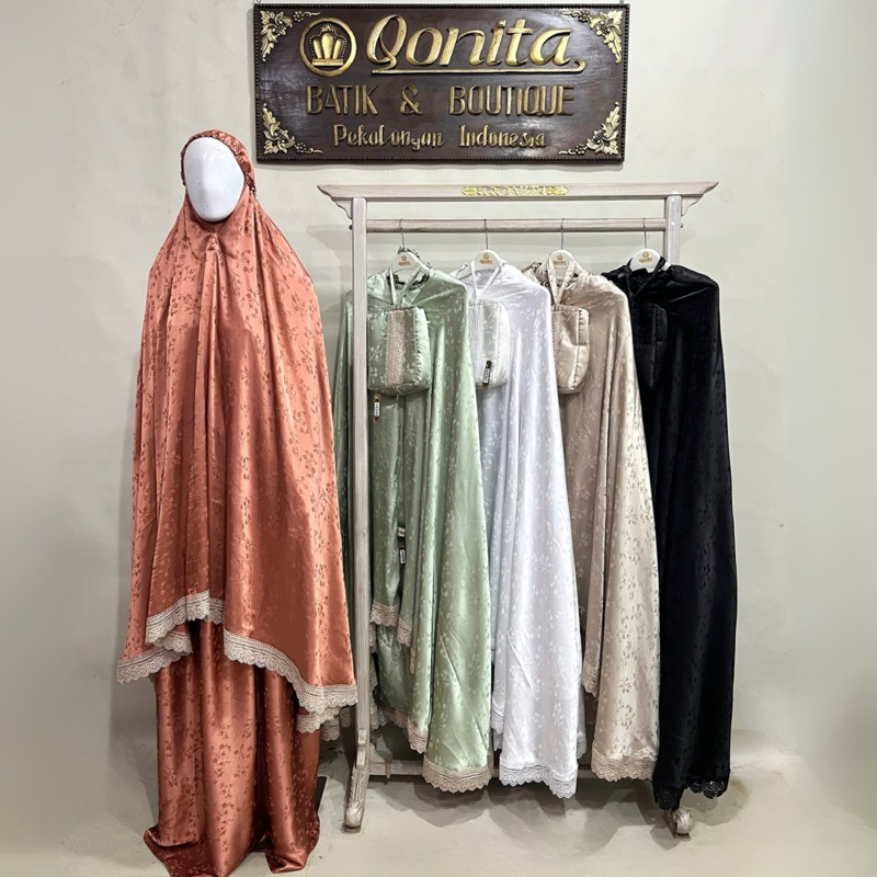 Qonita | Mukena Satin Renda DP motif melati kecil | Mukena Polos | Mukena Renda
