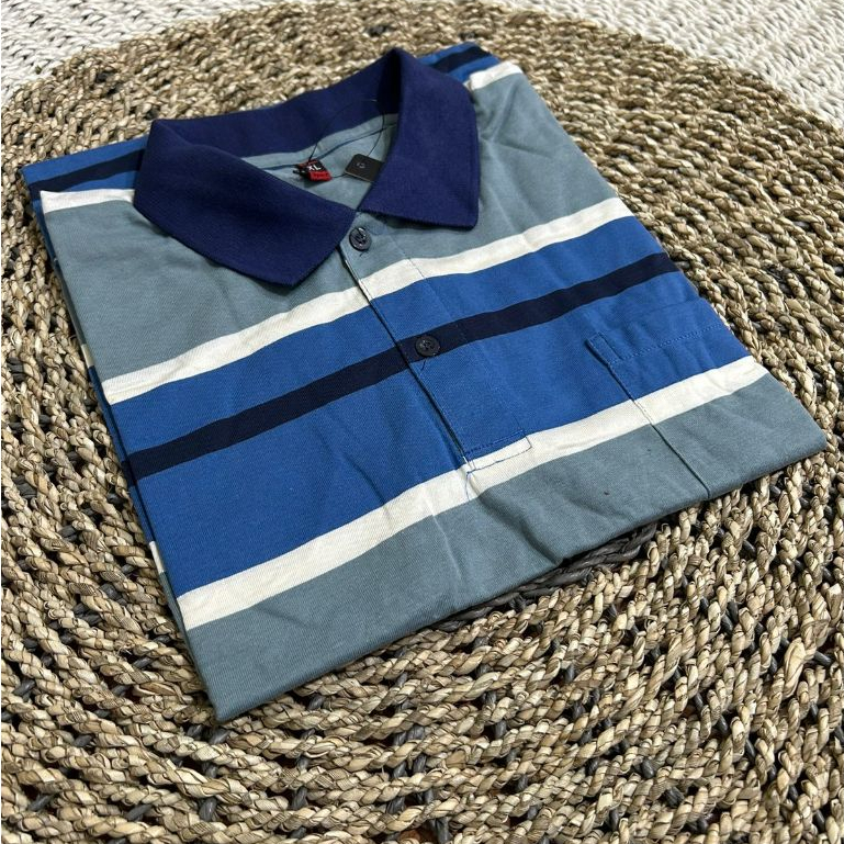 baju kaos kerah pria terbaru kantong depan distro kekinian salur garis ukuran M L XL XXL