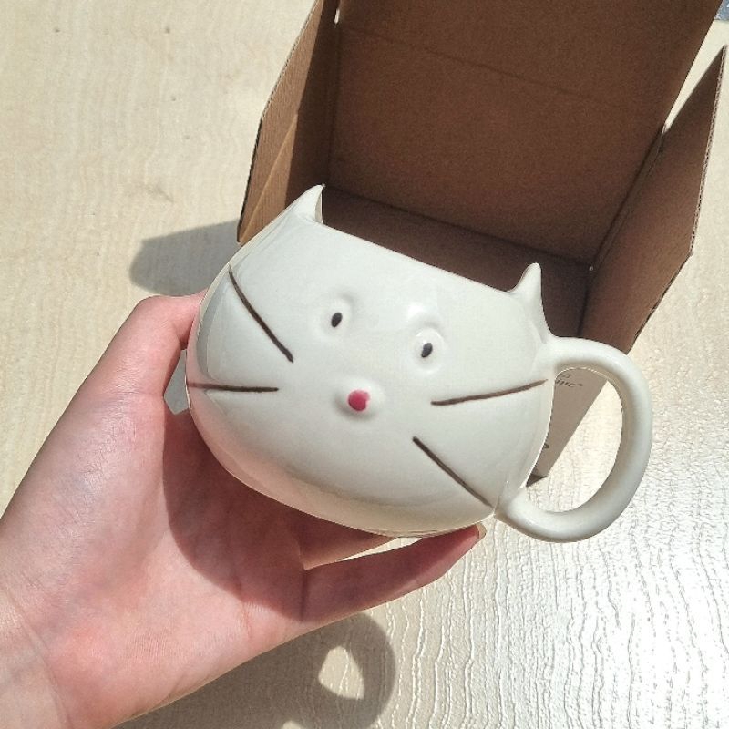 Mug Kucing - Mug Keramik Bentuk Kepala Kucing - Cangkir Motif Kucing Putih Lucu - Cangkir Souvenir -