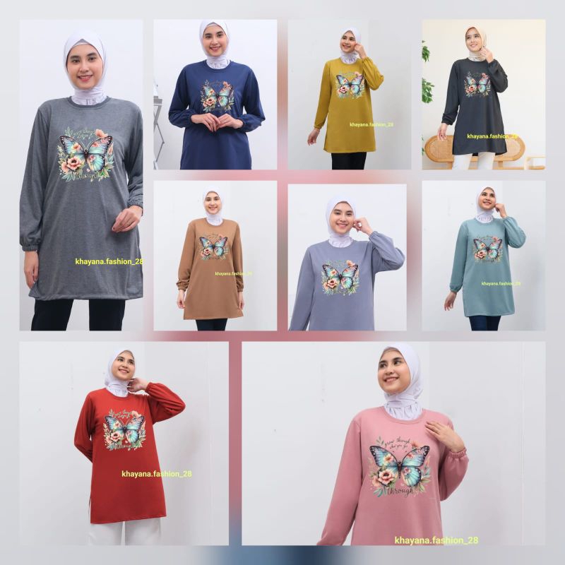 kaos tunik wanita dewasa motif kupu-kupu kaos tunik kekinian