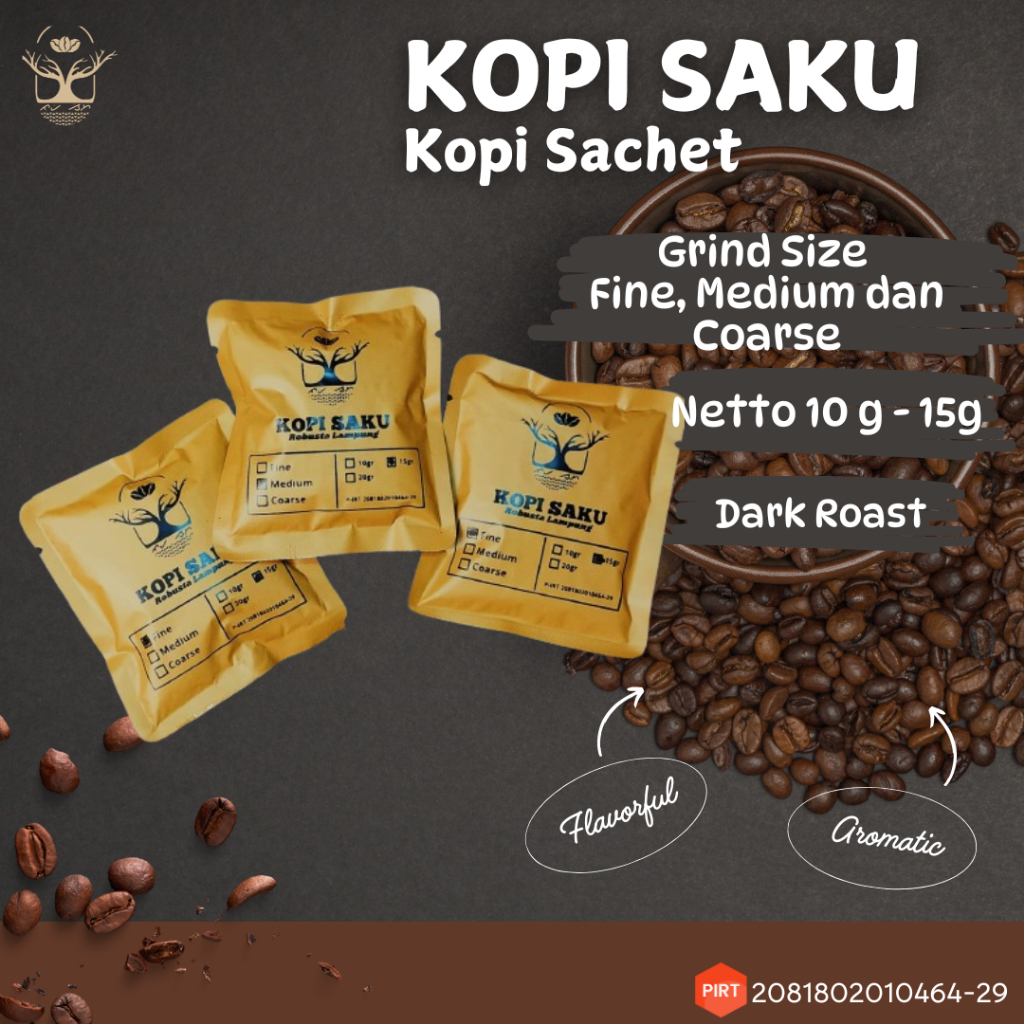 

KOPI SAKU - Kopi Bubuk Murni Robusta Lampung Kemasan Sachet Sekali Sedu - Grind Size Halus, Sedang & Kasar - Tanpa Gula netto 10g-20g