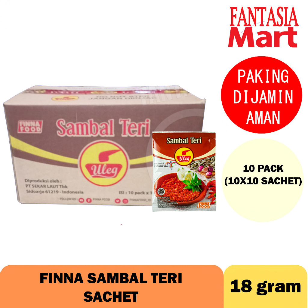 

FINNA SAMBAL TERI SACHET 18 GRAM DUS PER 10 PACK ISI 10X10 PCS FANTASIA DENGAN PAKING AMAN