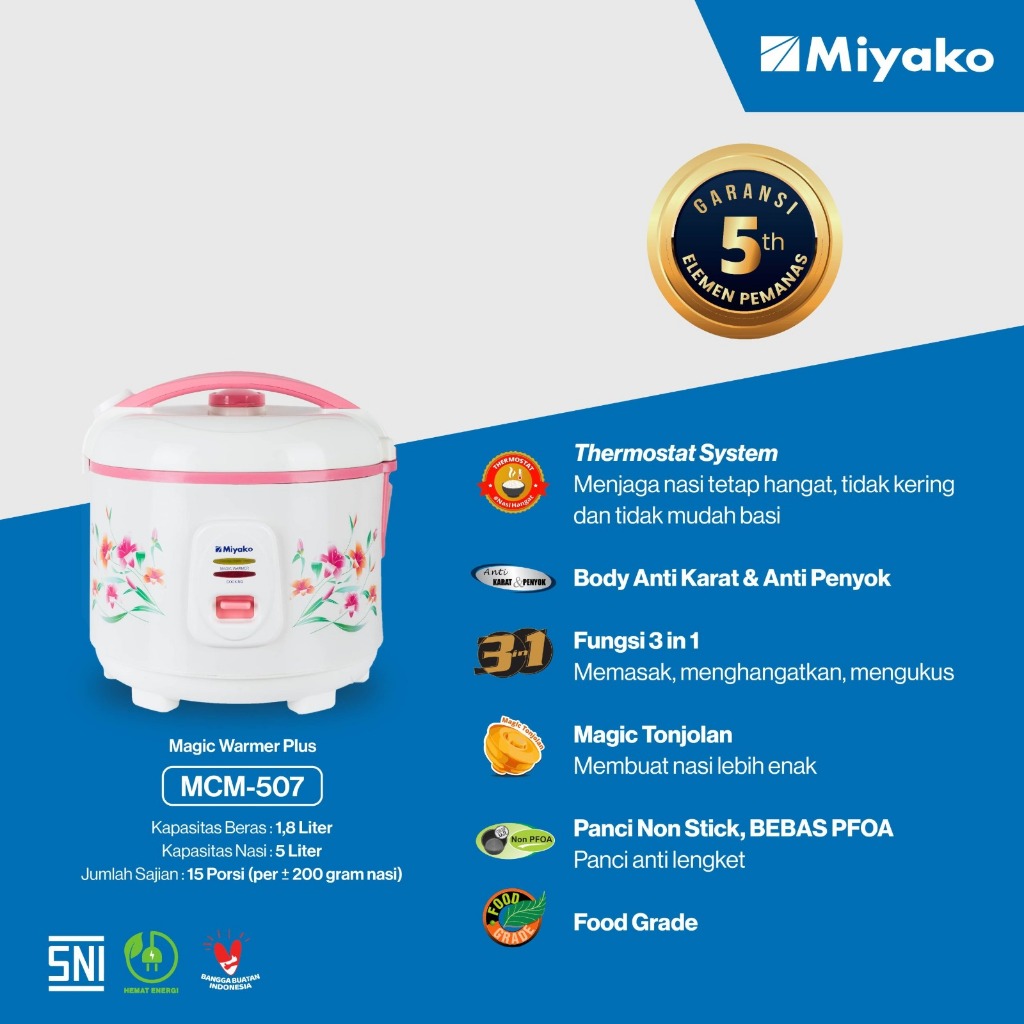 Magic com Miyako MCM507 Rice cooker Magic Warmer Plus  - 1.8 Liter 395 watt