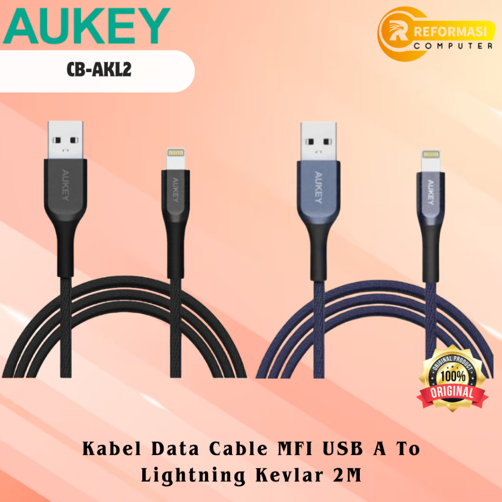 AUKEY Kabel Data Aukey Cable CB-AKL2 Black MFI USB A To Lightning Kevlar 2M