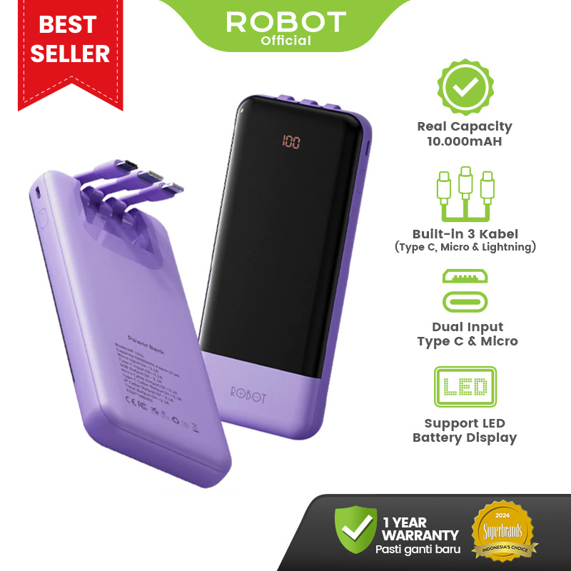 [FOR LIVE] Powerbank ROBOT 10000mAH RP-101L 2.1A 3 Kabel Built-in Type C Lightning Micro Original - 