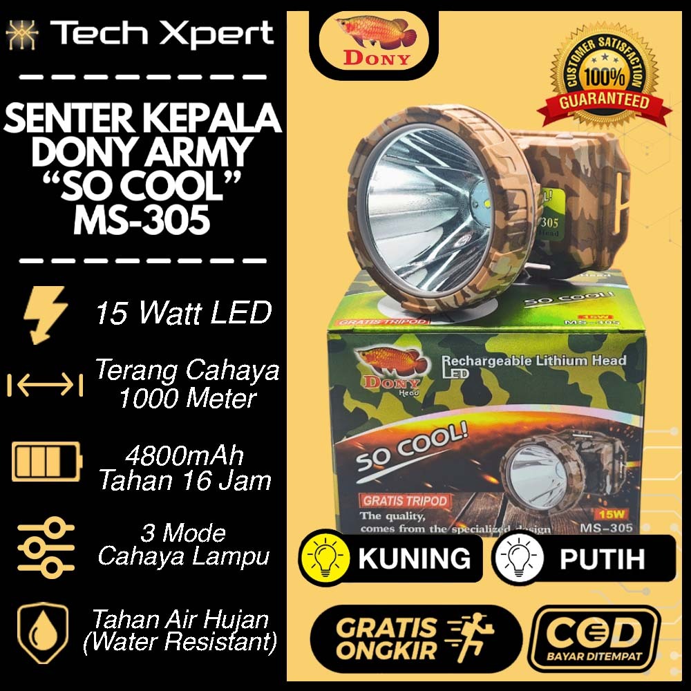 Senter Kepala Led Dony 15 Watt MS-305 "So Cool" Ori Loreng Army Anti Air Outdoor Ukuran Sedang