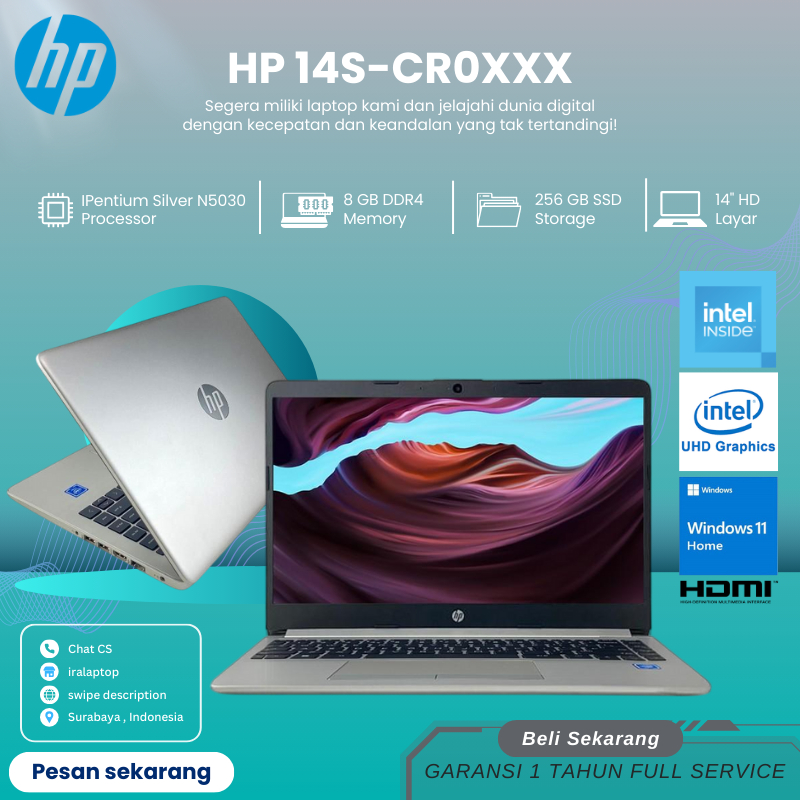 Laptop HP Slim & Stylish – Ringan Dibawa, Kencang Dipakai TERMURAH LAPTOP HP 14S CR0XXX INTEL PENTIU